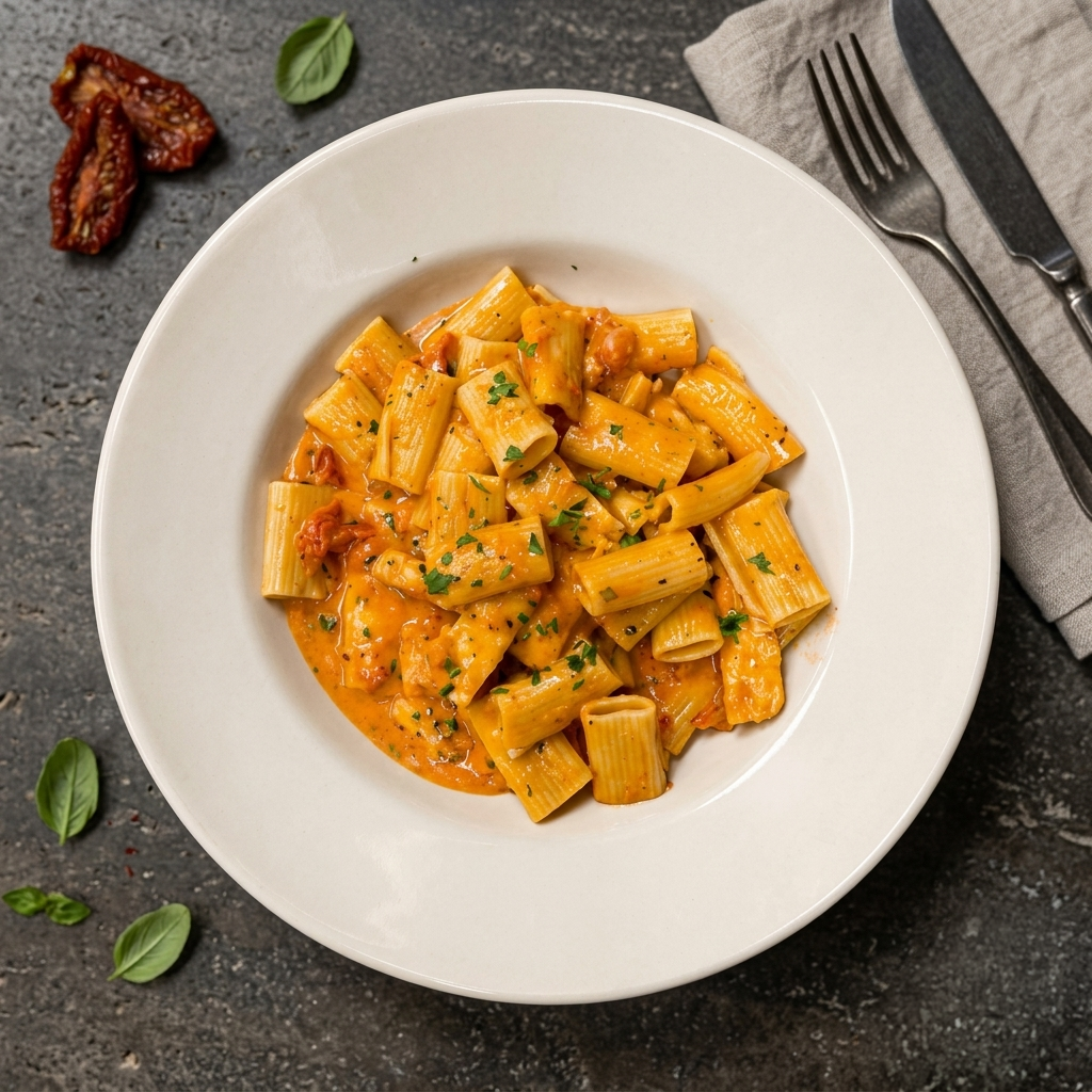 Creamy rigatoni pasta with herbs on a white plate, garnished with sun-dried tomatoes on a dark table.