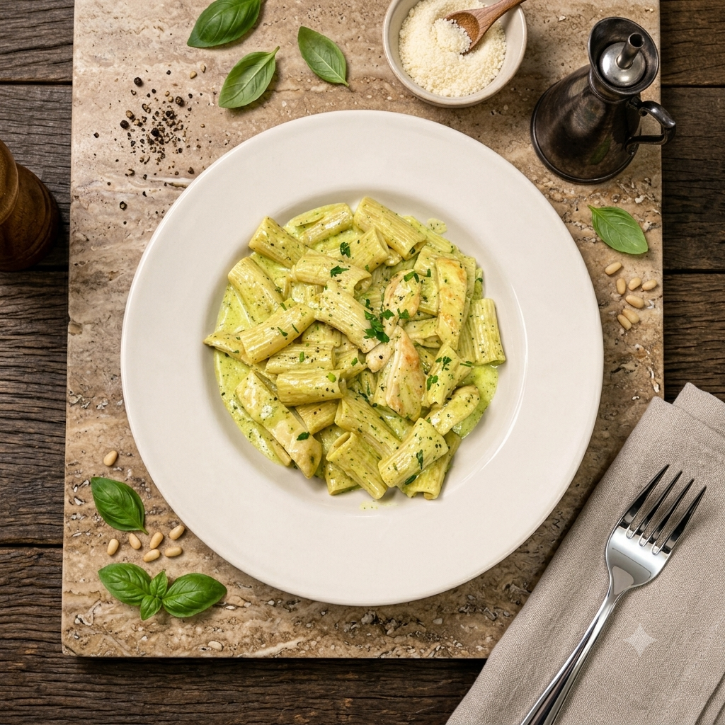 Creamy penne pasta with shrimp on a white plate, garnished with herbs, on a dark table.