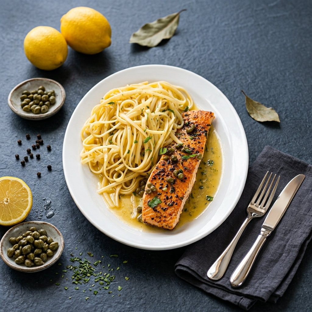 Salmon pasta with lemon and capers on a white plate, styled on a dark table with utensils and citrus.