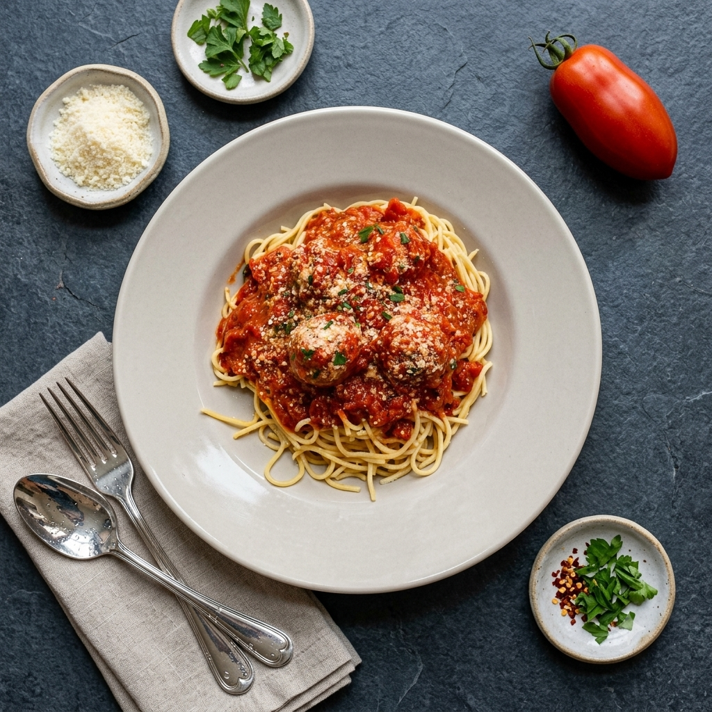 Spaghetti with tomato sauce and grated cheese on a white plate, with herbs and utensils on a gray table.