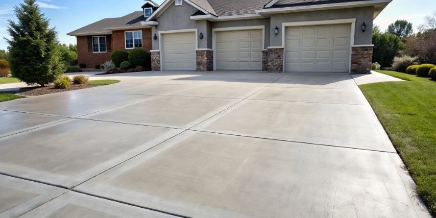 Suburban house with a wide concrete driveway, garage doors, and trimmed lawn on a sunny day