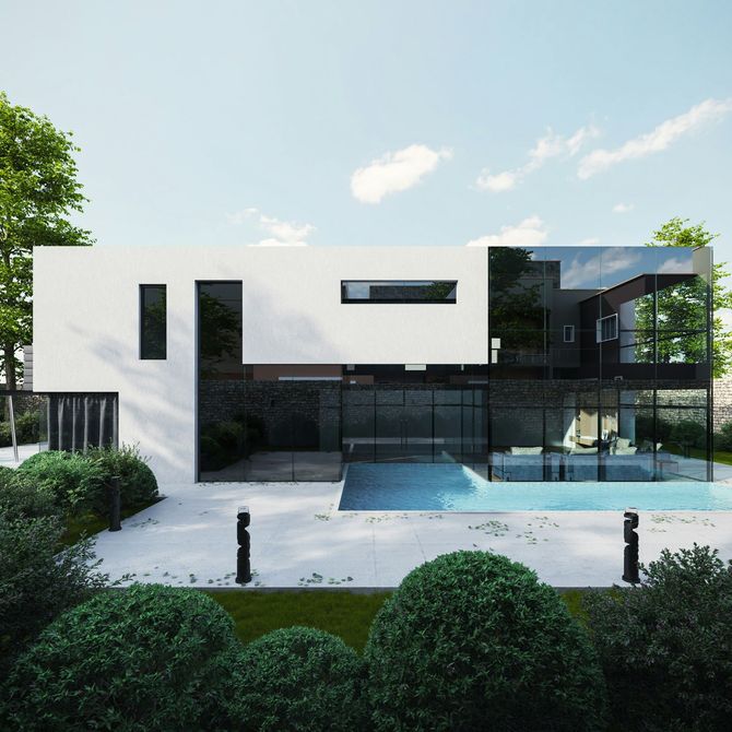 Modern white-and-black luxury house with a glass facade, pool, and manicured shrubs under a blue sky