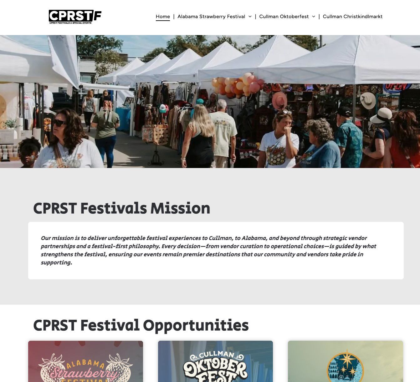 CPRST Festivals mission: people browsing an outdoor festival with white tents.