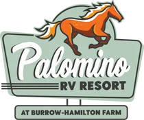 A palomino rv resort logo with a horse on it.