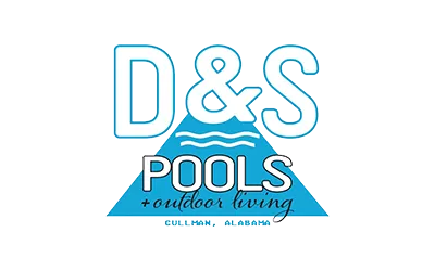Logo for D&S Pools + Outdoor Living in Cullman, Alabama, featuring blue text and a stylized mountain peak icon.