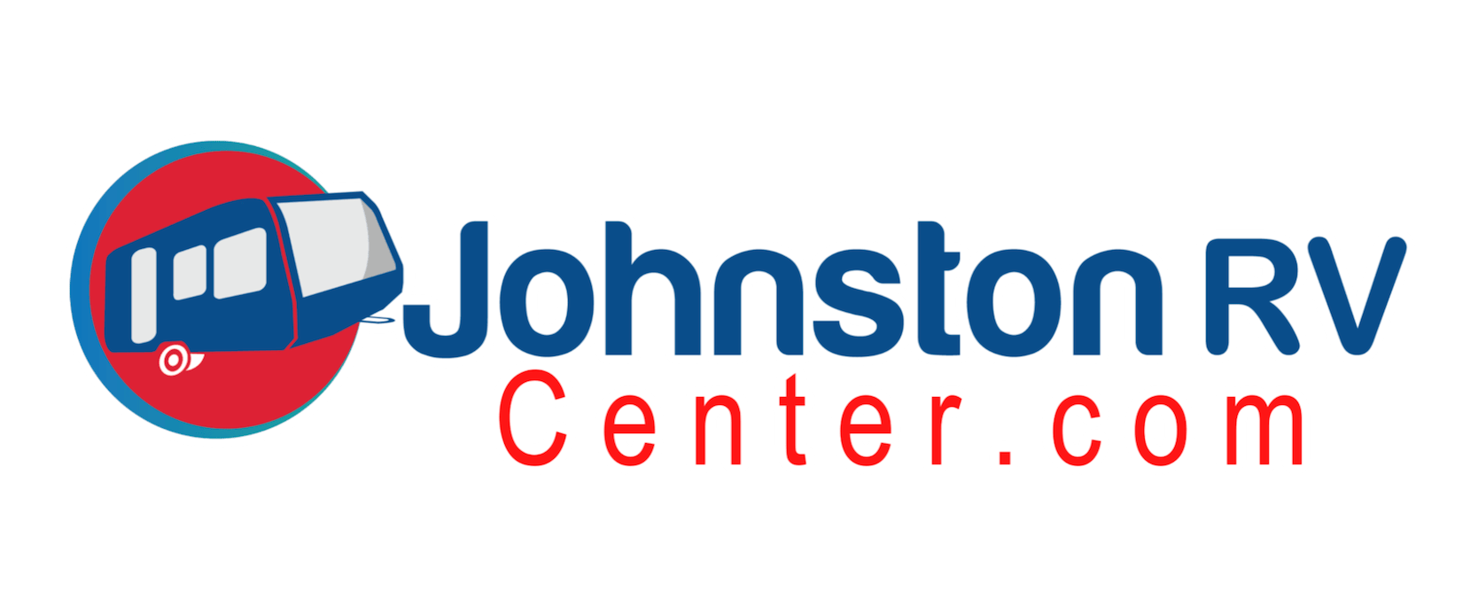 Logo for Johnston RV Center.com, featuring a stylized blue recreational vehicle inside a red circle.