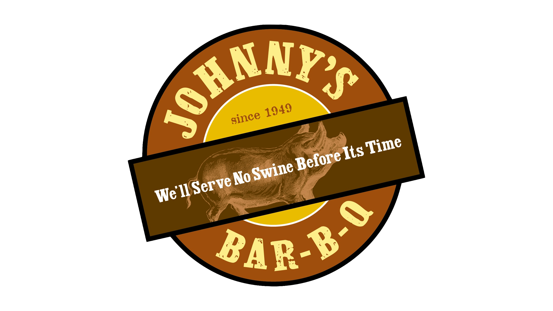 Logo for Johnny’s Bar-B-Q, featuring a brown circular border, yellow center, and the slogan 