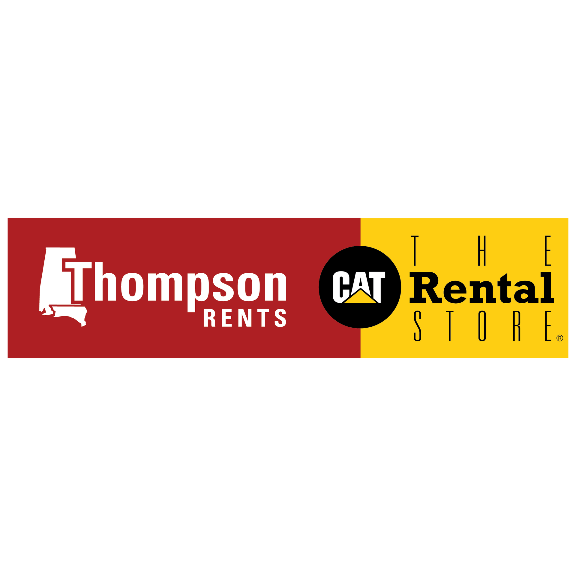 Thompson Rents CAT Rental Store logo: red and yellow horizontal bar with white text and Alabama outline.