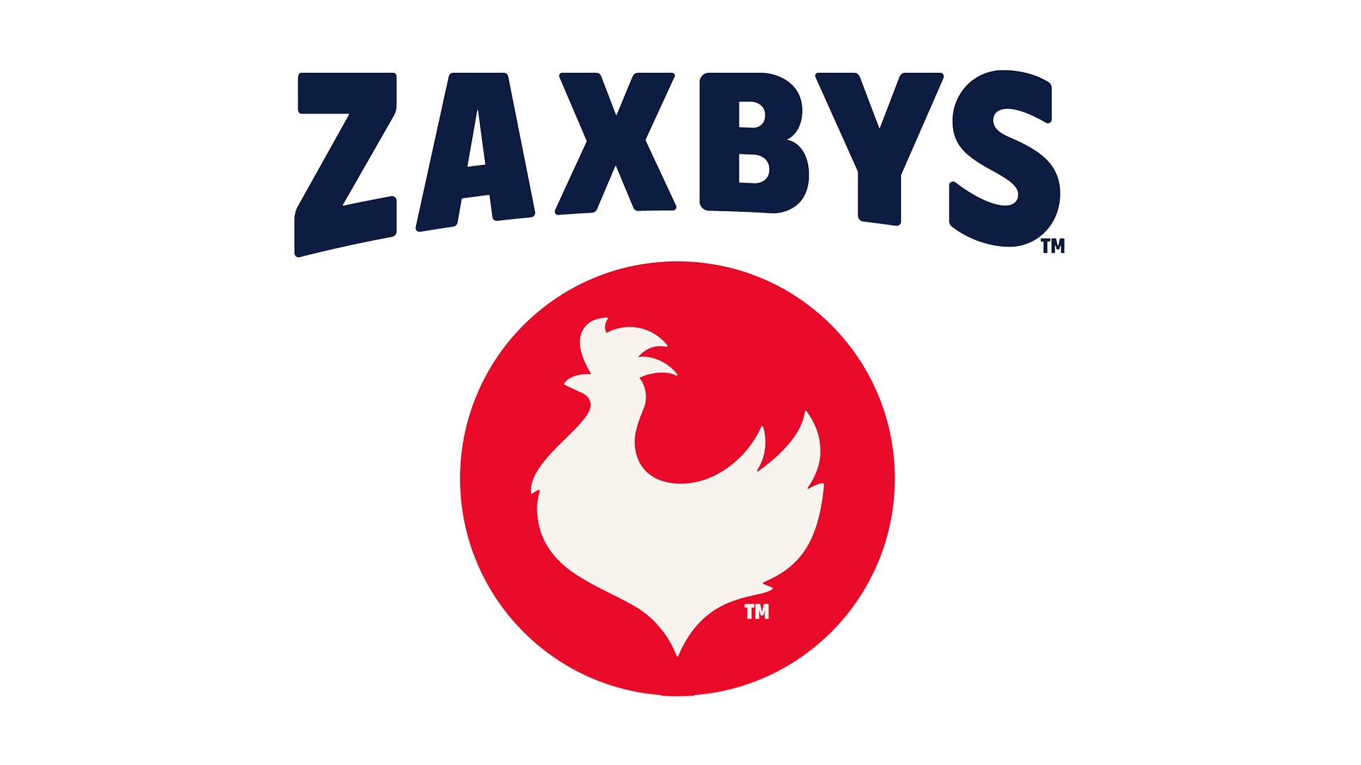 Zaxby's logo: dark blue text above a red circle featuring a white stylized chicken icon.