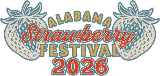 The logo for the alabama strawberry festival with two strawberries on a white background.