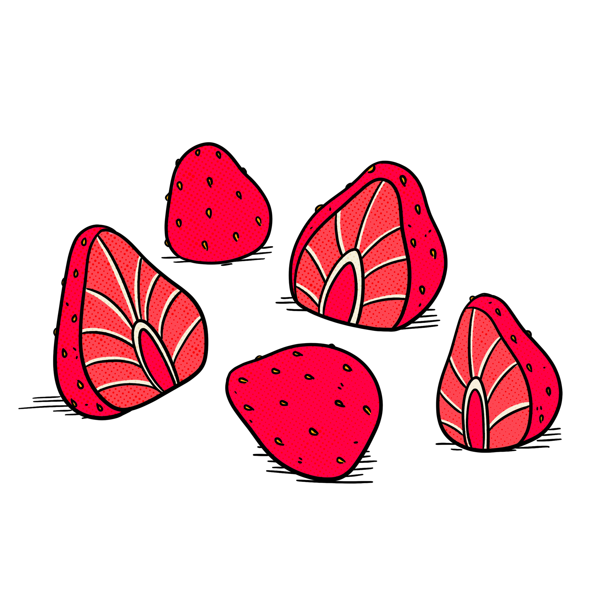 A group of strawberries cut in half on a white background.