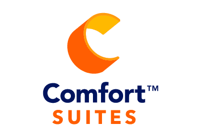 The Comfort Suites logo features an orange stylized 'C' above the navy text