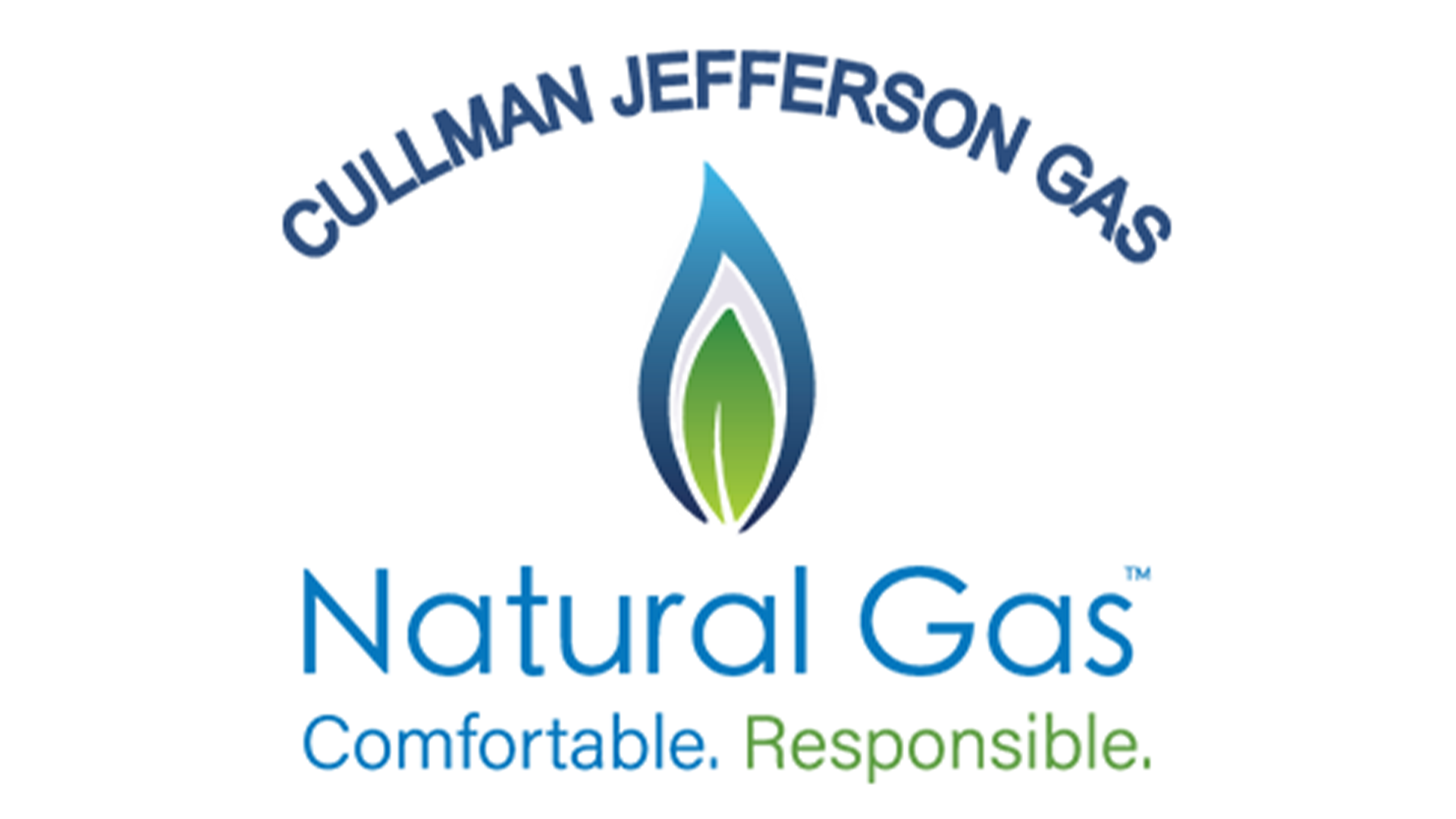 Logo of Cullman Jefferson Gas, featuring a blue and green flame and the words 
