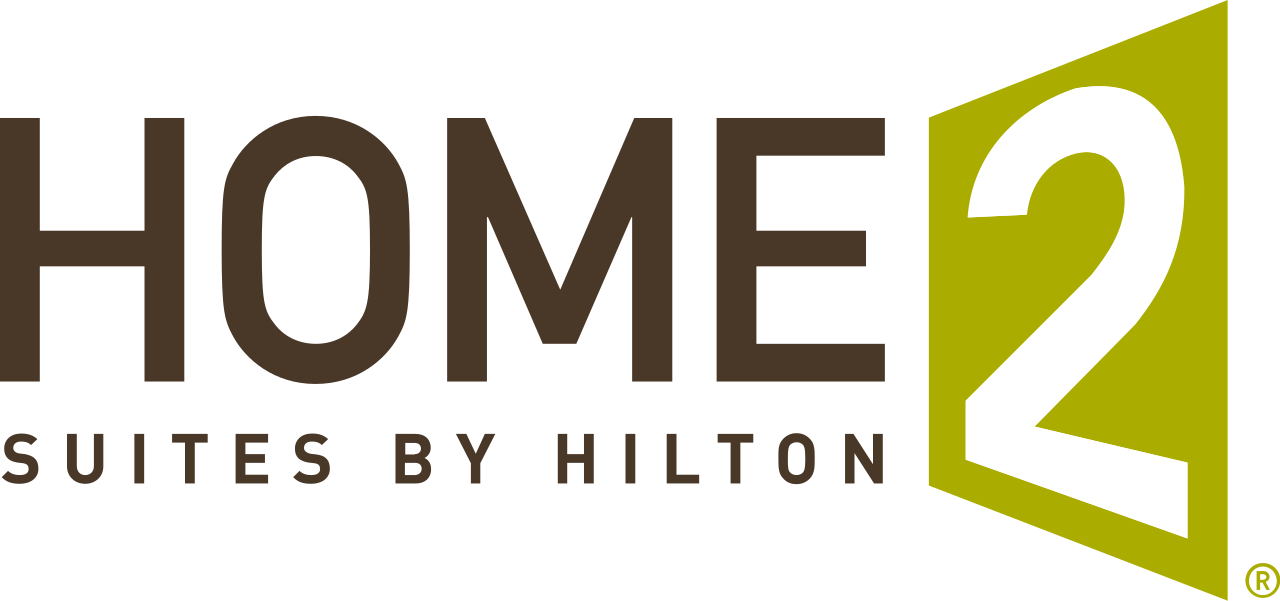 Logo for Home2 Suites by Hilton, featuring dark brown text and a lime green square containing a white number 2.