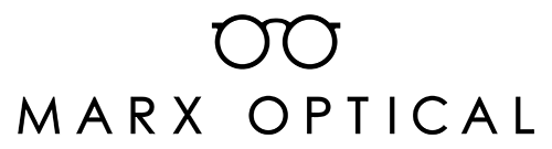 Black logo featuring a pair of round eyeglasses above the text 