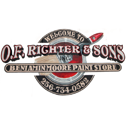 Logo for O.F. Richter & Sons, a Benjamin Moore paint store, featuring a paint can, brush, and phone number.