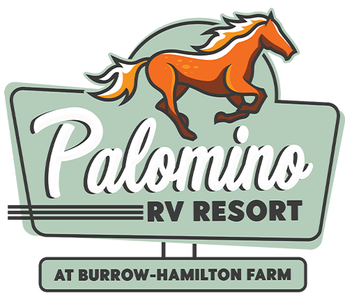 Logo for Palomino RV Resort at Burrow-Hamilton Farm featuring an orange horse on a light green sign.