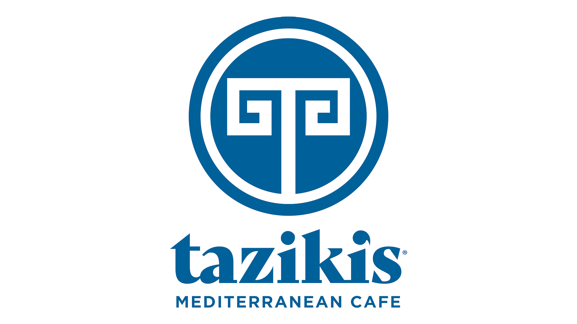 Blue and white Taziki's Mediterranean Cafe logo featuring a geometric circular icon above the brand name.