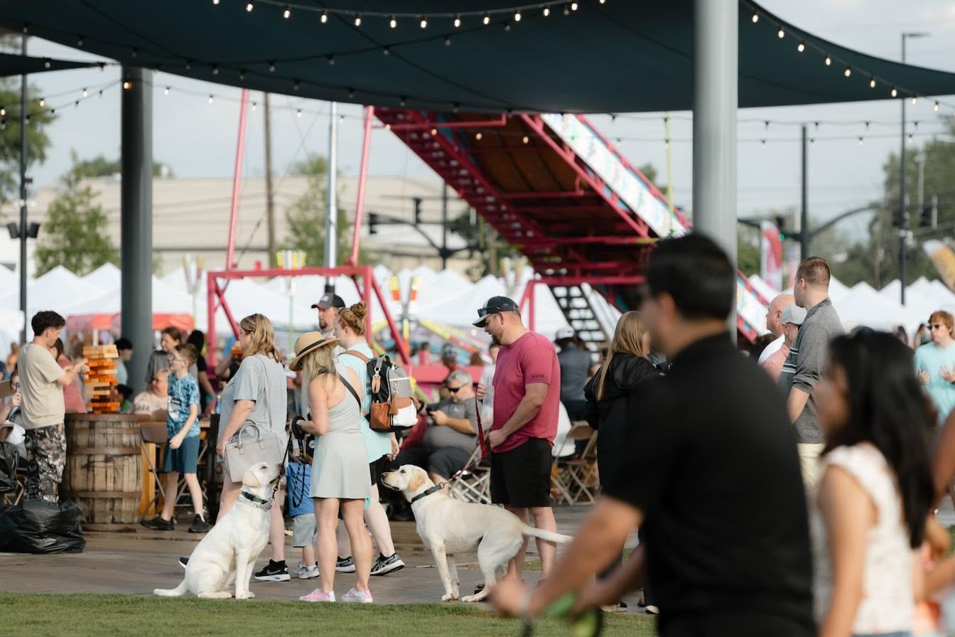 People and two Labrador-type dogs enjoy an outdoor event beneath a large shade canopy with a red slide in the background.