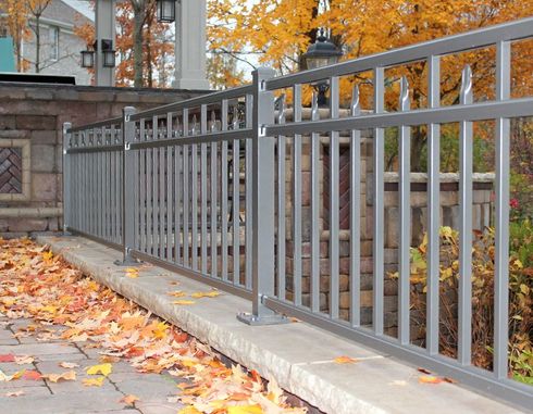 A metal fence is surrounded by leaves on the sidewalk.