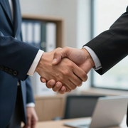 Due uomini d'affari in abiti blu scuro e neri si stringono la mano in un ufficio.