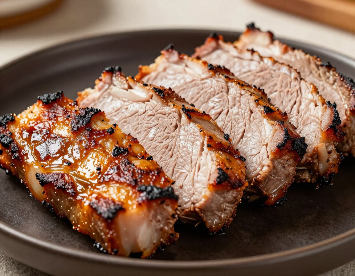 Cerdo asado glaseado en rodajas, servido en un plato oscuro, con los bordes tostados y el interior jugoso