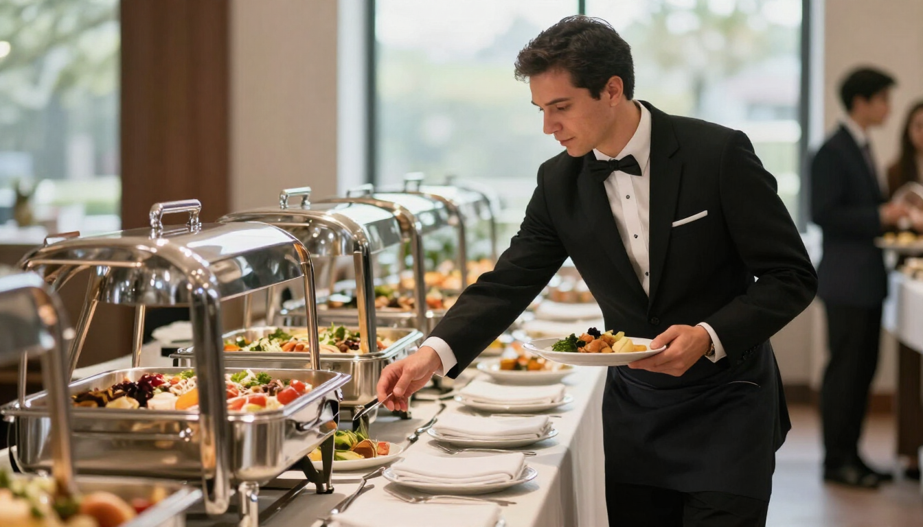 Personal profesional sirviendo un buffet durante un evento social