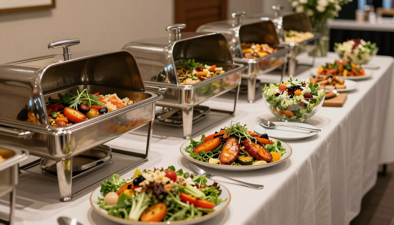 Buffet de catering para eventos con opciones calientes y guarniciones