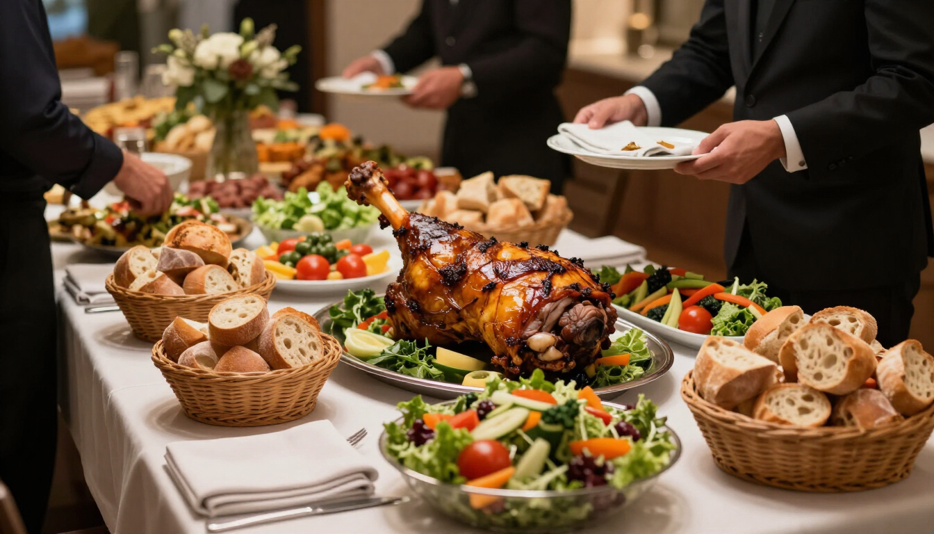 Mesa de catering para eventos con pernil servido