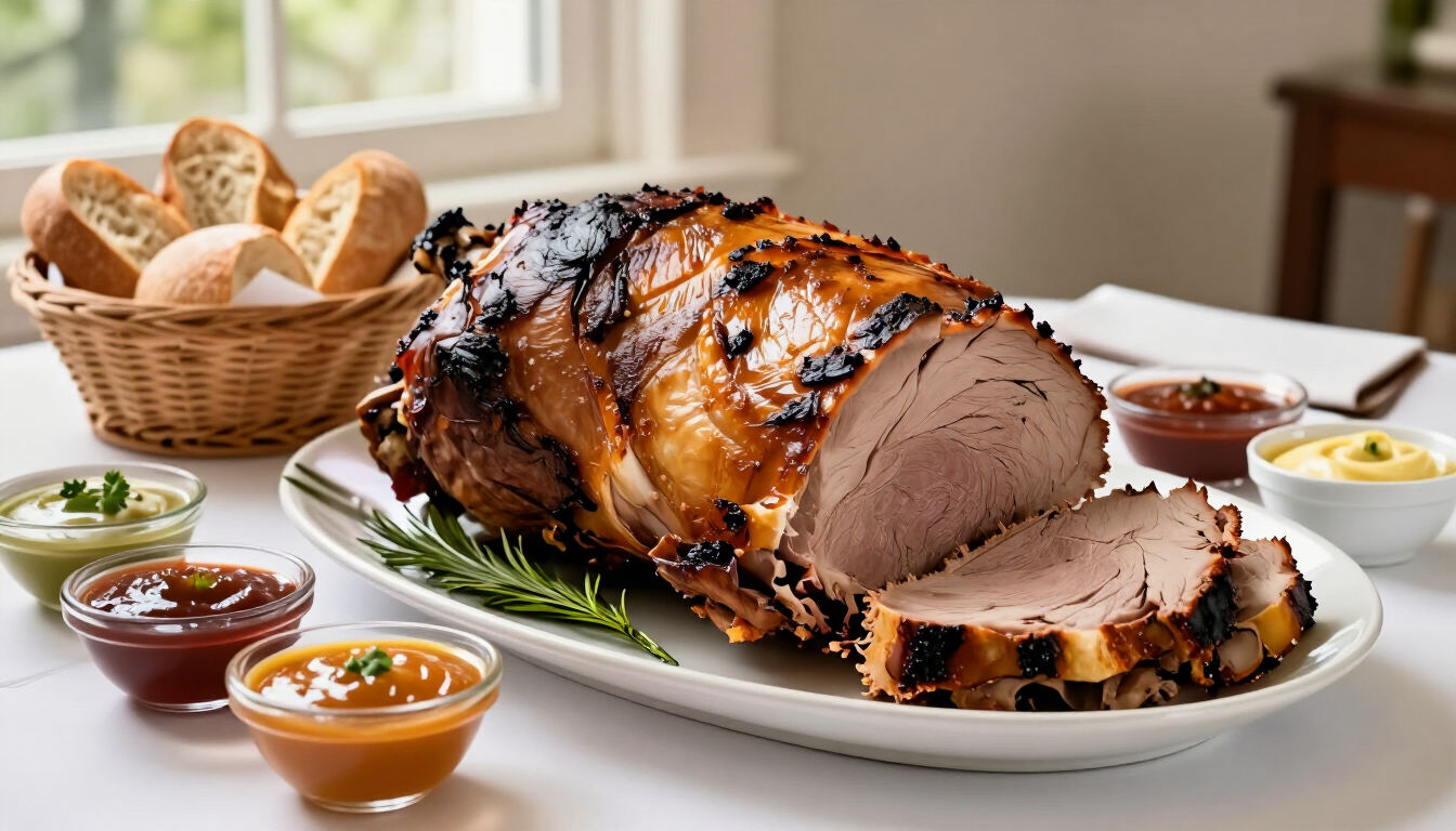 Pernil feteado con panes y salsas para catering