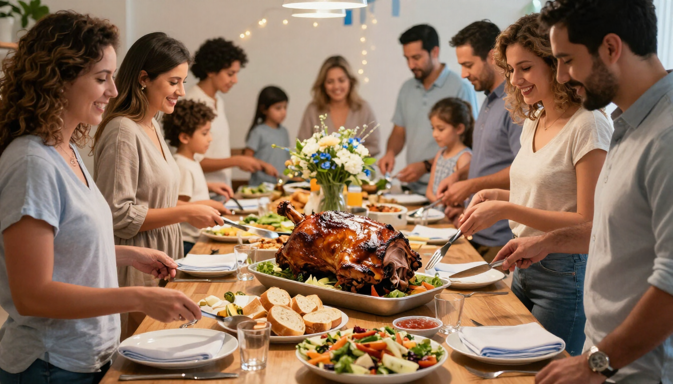Mesa de catering con pernil al horno para una celebración familiar