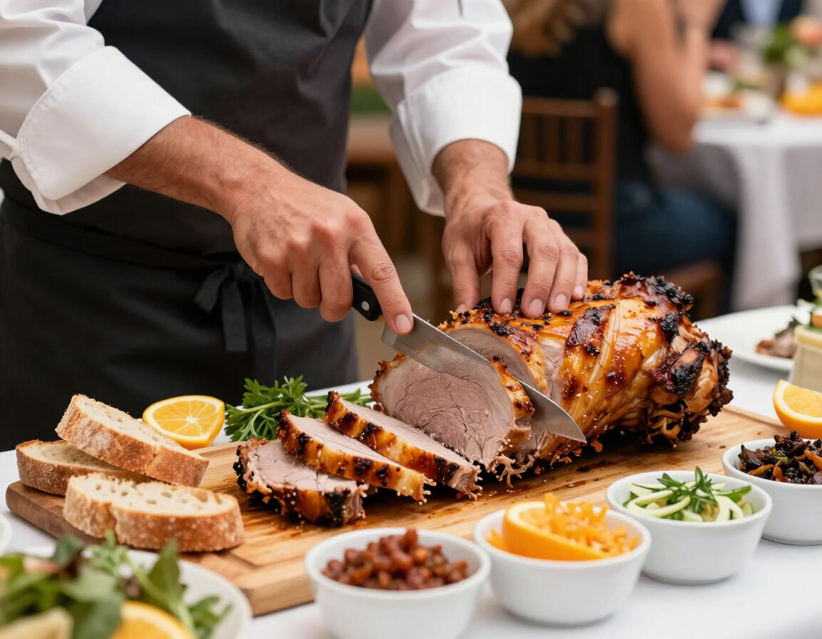 Corte de pernil servido con panes, salsas y guarniciones