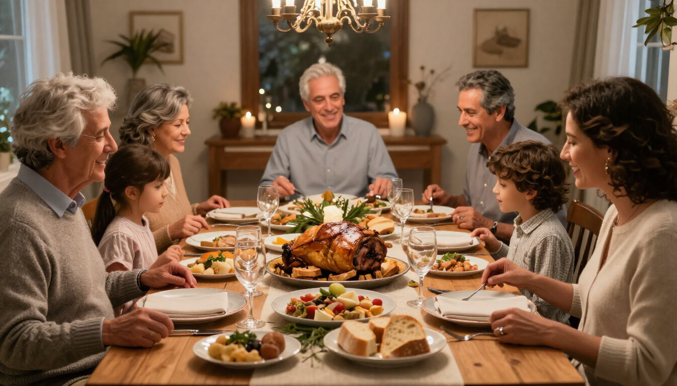 Familia compartiendo una comida de catering durante una fiesta de fin de año