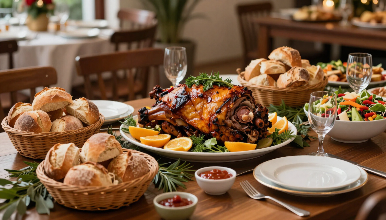 Mesa de catering con pernil y acompañamientos en una celebración de fin de año
