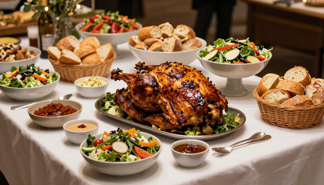 Mesa de catering para eventos con pernil y acompañamientos