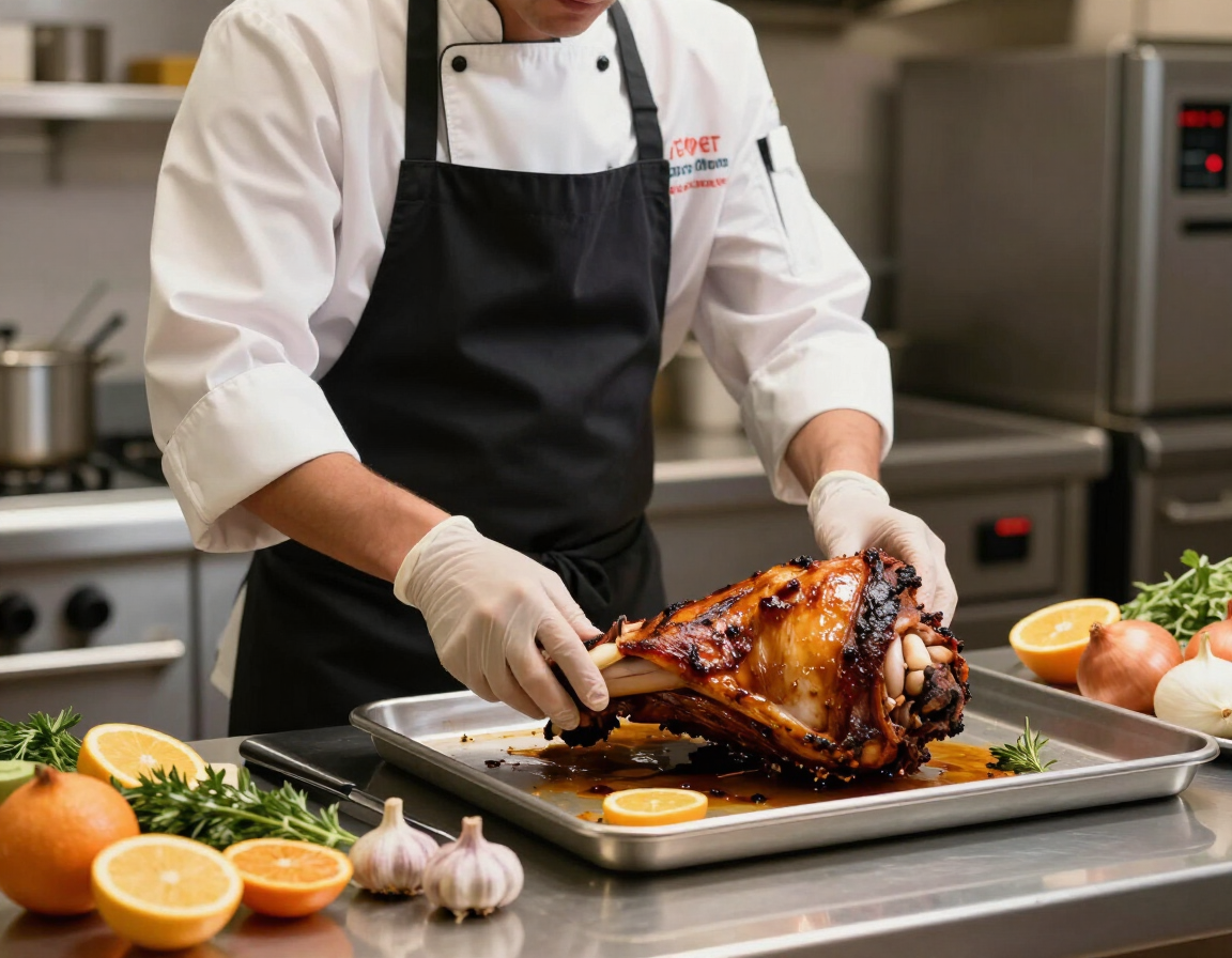 Preparación artesanal de un pernil para un evento