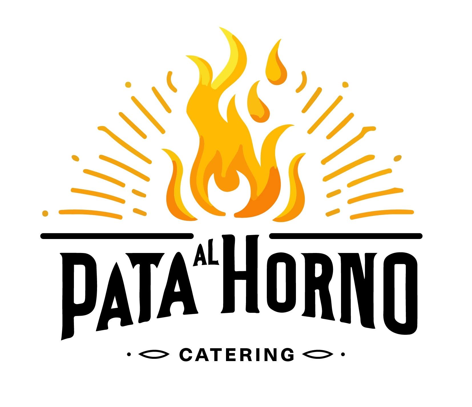 Logotipo de catering de Pata al Horno con una llama estilizada de color amarillo anaranjado sobre un texto negro en negrita