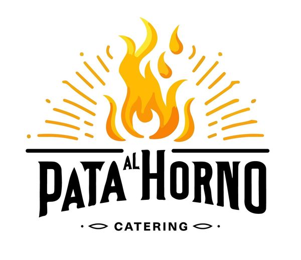 Logotipo de catering de Pata al Horno con una llama estilizada de color amarillo anaranjado sobre un texto negro en negrita