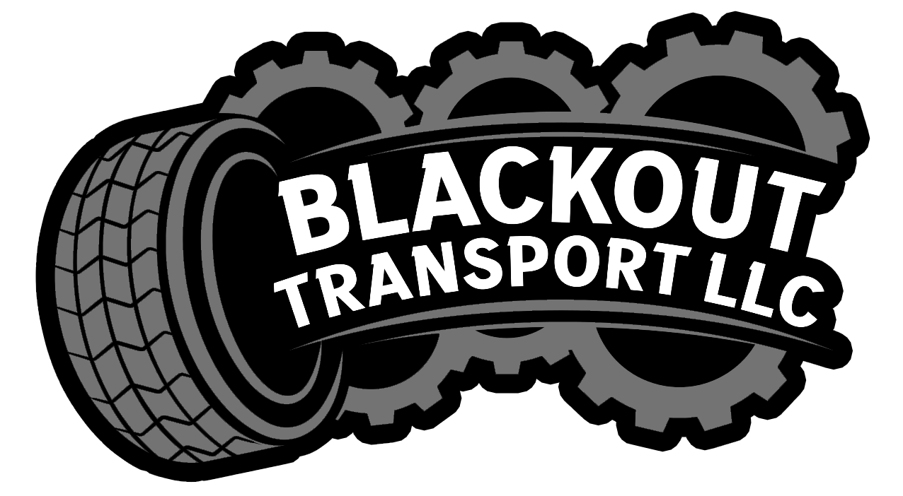Black and white logo with gear and tire reading &ldquo;Blackout Transport LLC&rdquo;