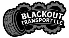 Black and white logo with gear and tire reading &ldquo;Blackout Transport LLC&rdquo;