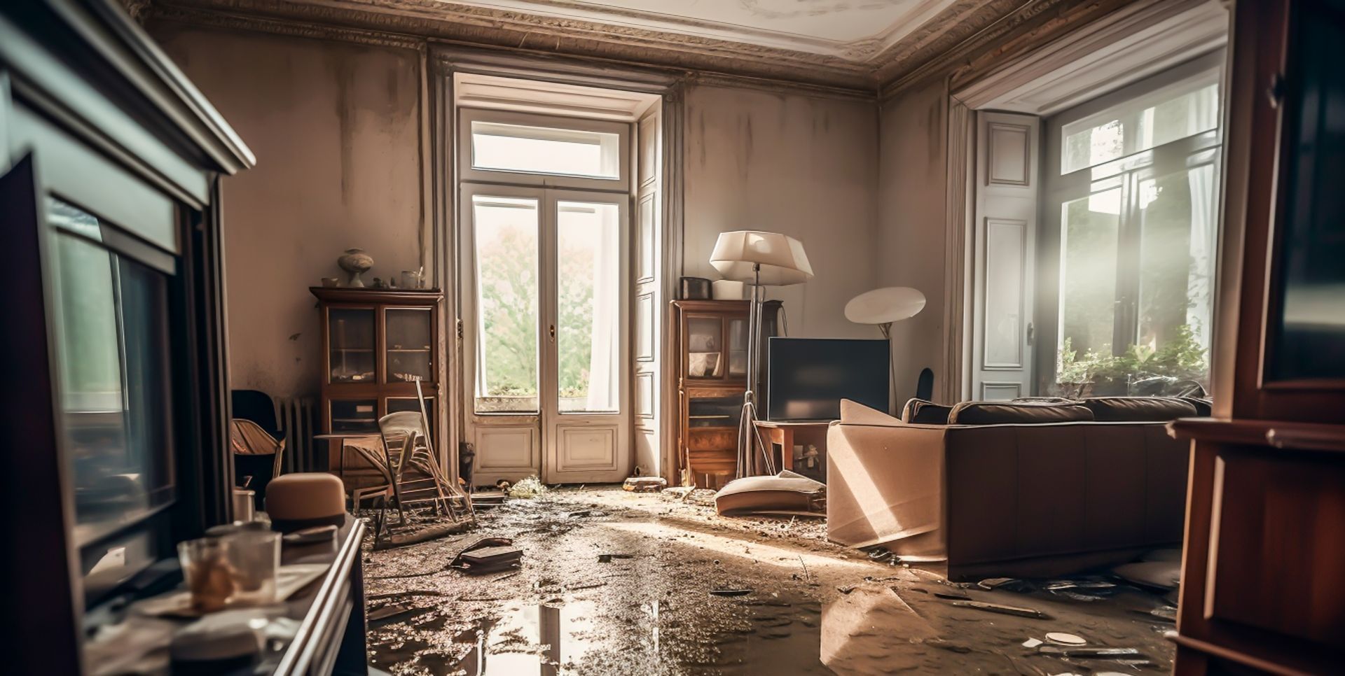 A living room with a lot of furniture and a flooded floor.