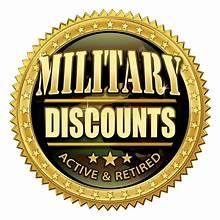 A gold military discounts active and retired seal on a white background.