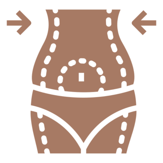 body icon with inward arrows and dashed contour lines, suggesting slimming or compression