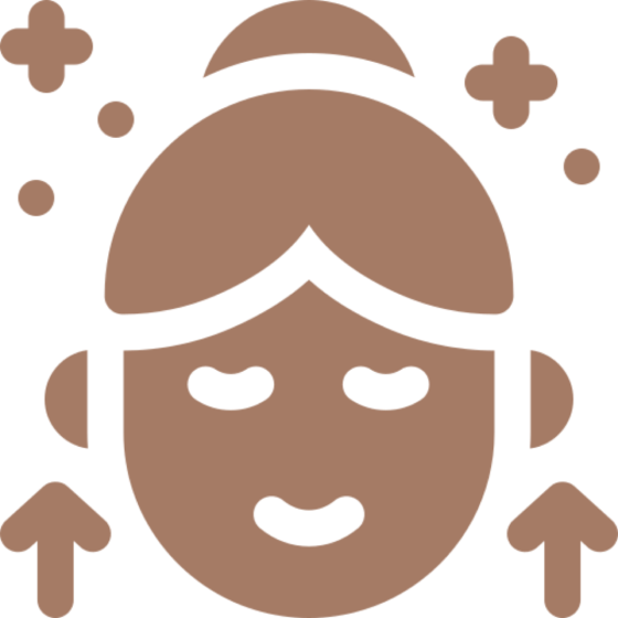 smiling face icon with hair bun, arrows, and sparkles on a white background