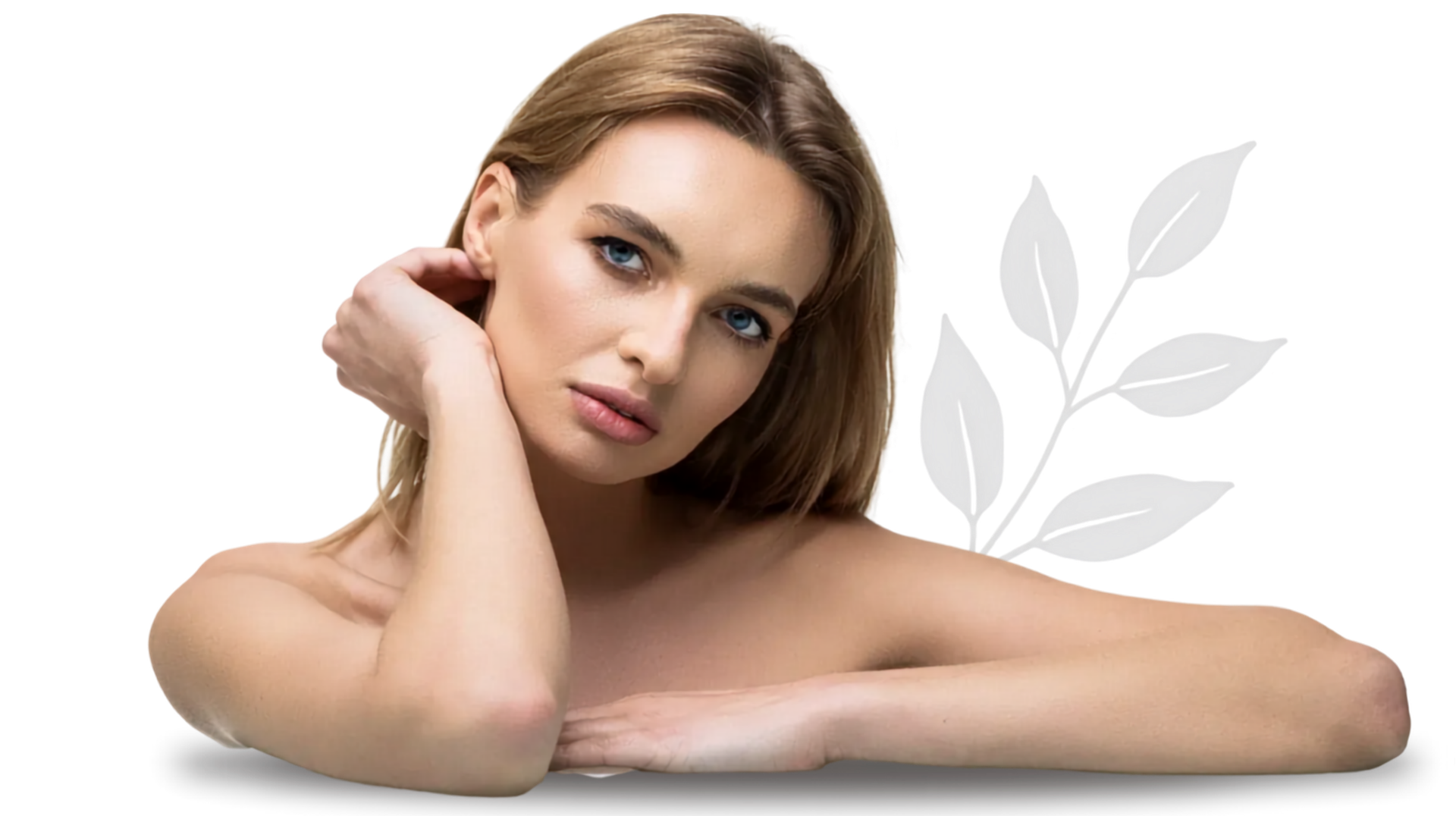 Woman resting her head on her hands against a white background with faint leaf graphics