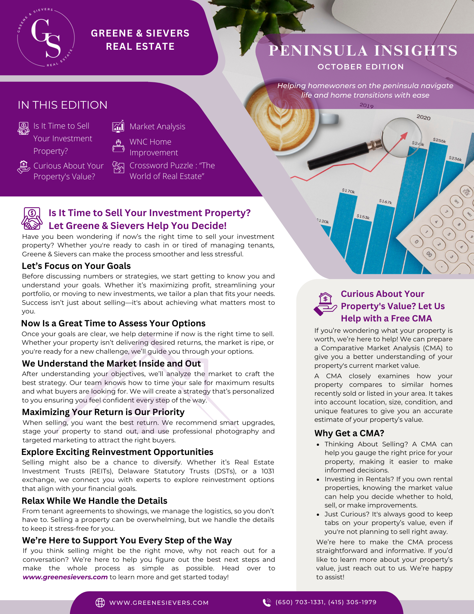 A purple flyer with a cup of coffee and a magnifying glass on it.