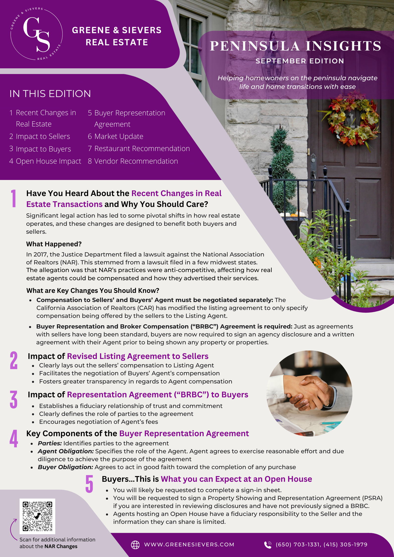A purple and white flyer with a picture of a house on it
