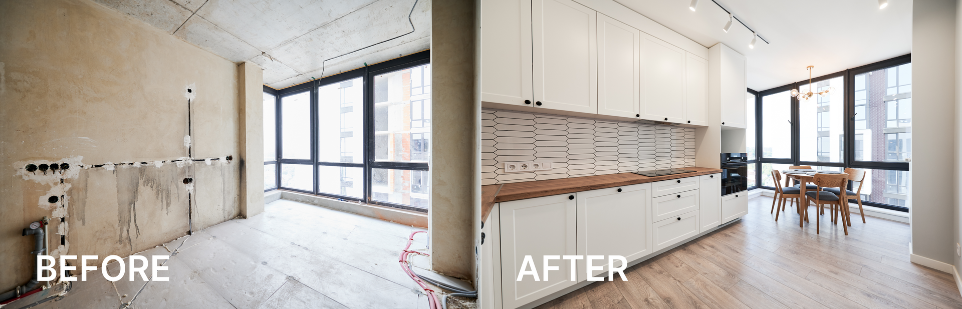 A before and after photo of a kitchen with white cabinets and wooden counter tops.