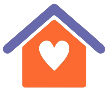 Un icono de una casa naranja con un corazón blanco en el centro y un techo azul.