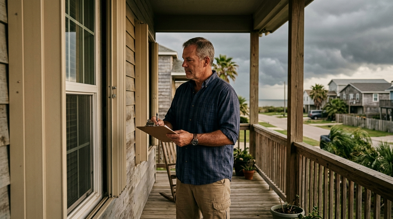 Coastal Texas homeowner checking storm shutters as gray clouds gather over the neighborhood